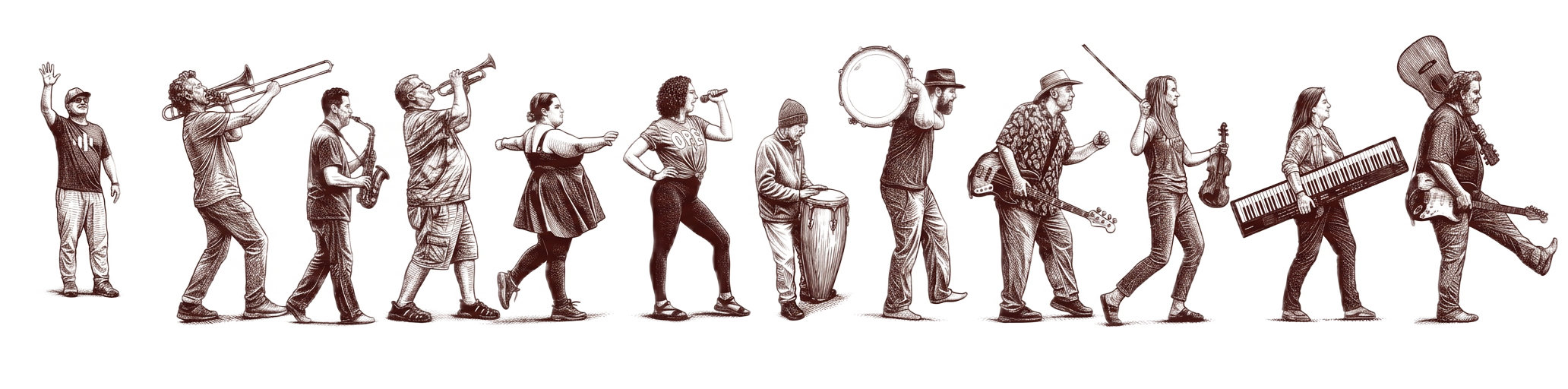 Line-art illustration of the Mr. Blink musicians with their instruments — trombone, saxophone, trumpet, congas, bass, fiddle, keyboard, and guitars